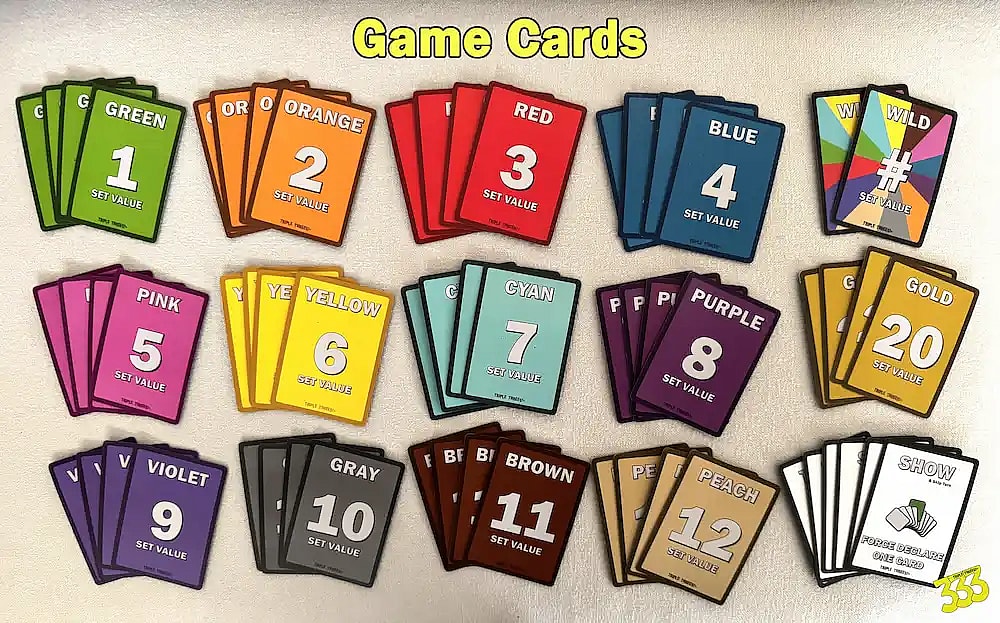 A flat-lay photograph showing multiple stacks of cards from the card game "Triple Threes!". Each stack has a different color and a large number in the center, ranging from 1 to 12. There are also three special card stacks: one with a multicolored "Wild" card, one with a "Gold" card, and one with a "Show" card featuring a hand of cards. The cards are arranged in three horizontal rows and are labeled with text, such as "Green 1," "Orange 2," "Red 3," and so on, up to "Peach 12." The stacks are fanned out slightly to show multiple cards in each group.