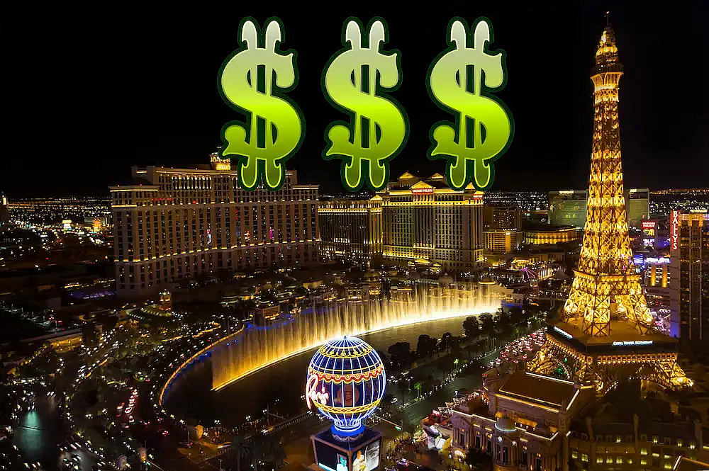Bright lights of Las Vegas Strip showcasing the iconic Eiffel Tower and Bellagio fountains at night. three green dollar signs are superimposed
