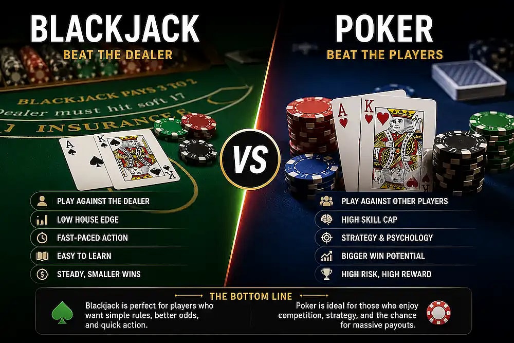 Blackjack vs poker comparison showing cards, poker chips, and key differences between the two casino games.
