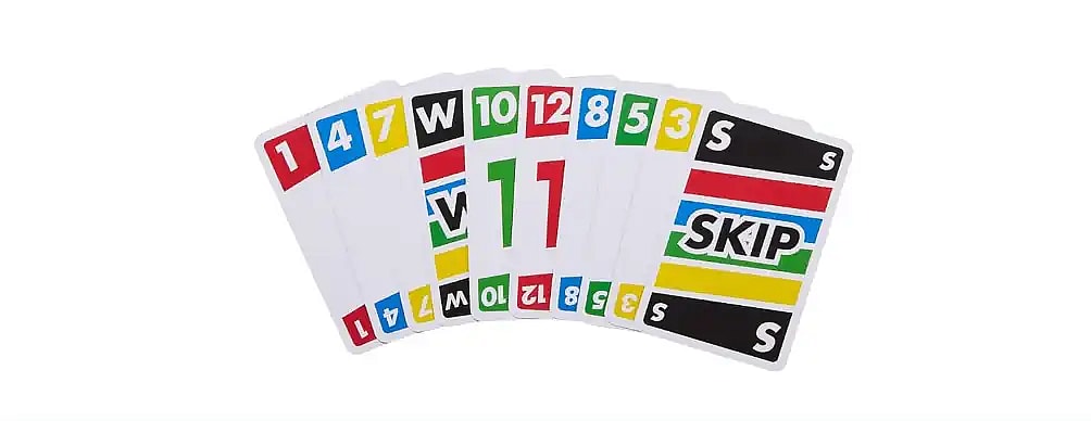 A fan of Phase 10 cards, partially overlapping, is spread out against a white background. The visible cards include numbered cards, such as a large 11 in the foreground, and other numbers like 1, 4, 7, 10, 12, 8, 5, 3. The numbers are color-coded in red, blue, green, and yellow. Special action cards are also visible, including several 'S' (Skip) cards and 'W' (Wild) cards, one of which is a multi-colored SKIP card.