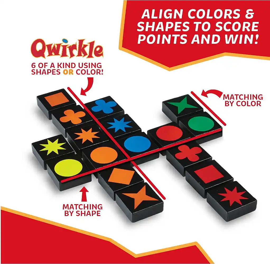 A marketing image for the game Qwirkle shows a pattern of the black, square wooden tiles laid out on a surface, demonstrating the rules. The tiles have various colored shapes printed on them. A large red and white banner across the top right reads, "ALIGN COLORS & SHAPES TO SCORE POINTS AND WIN!" Text in the middle-left says, "Qwirkle 6 OF A KIND USING SHAPES OR COLOR!" The laid-out tiles form a cross shape and are annotated with red lines and arrows to show the scoring rules: one line highlights a row of tiles where all shapes are the same but the colors are different, with an arrow pointing to the row labeled "MATCHING BY SHAPE." Another line highlights a perpendicular row where all colors are the same but the shapes are different, with an arrow labeled "MATCHING BY COLOR."