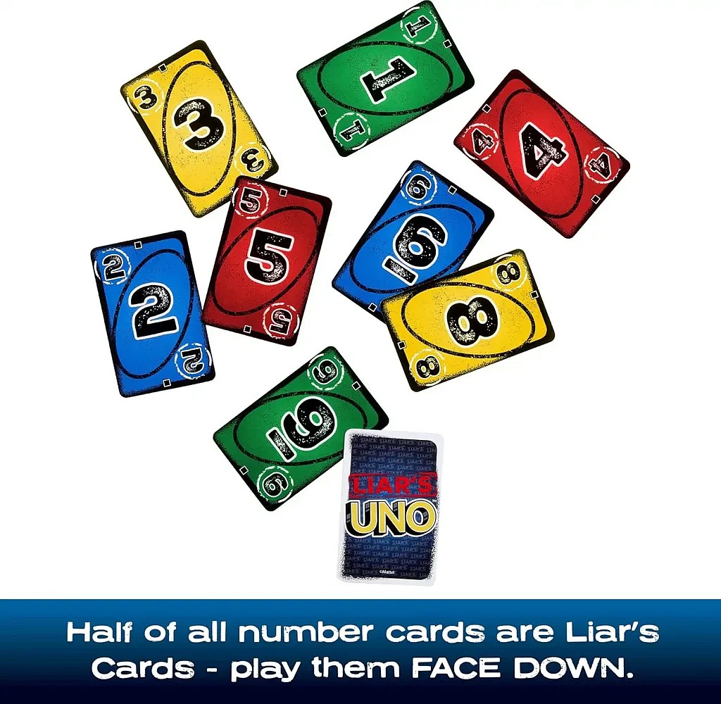 A selection of eight colored UNO Liar's UNO number cards (numbered 1 through 6, 8, and 9) are spread out on a white background, all played face down. The card backs feature the "Liar's UNO" logo. The text below explains that half of all number cards are Liar's Cards and should be played face down.