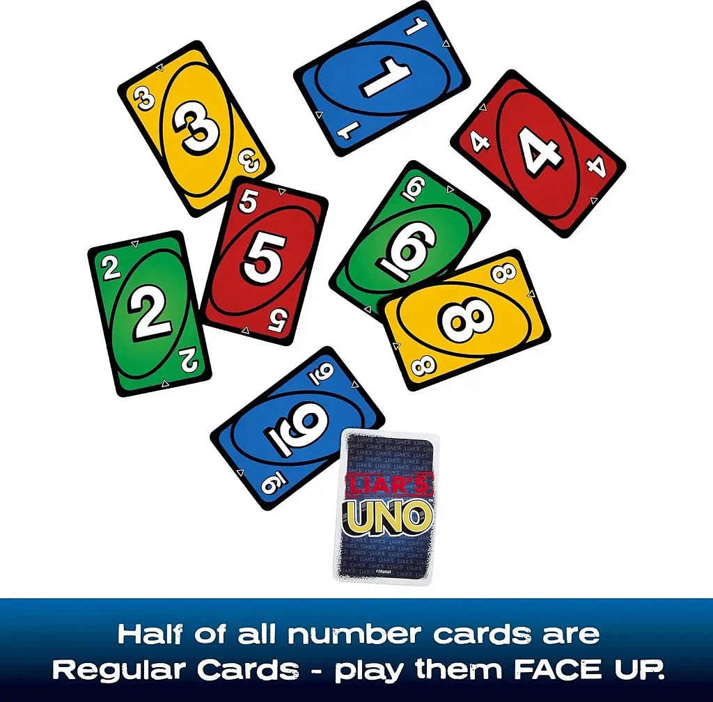 A selection of eight colored UNO Liar's UNO number cards (numbered 1 through 6, 8, and 9) are spread out on a white background, all played face up. The text below explains that half of all number cards are Regular Cards and should be played face up.