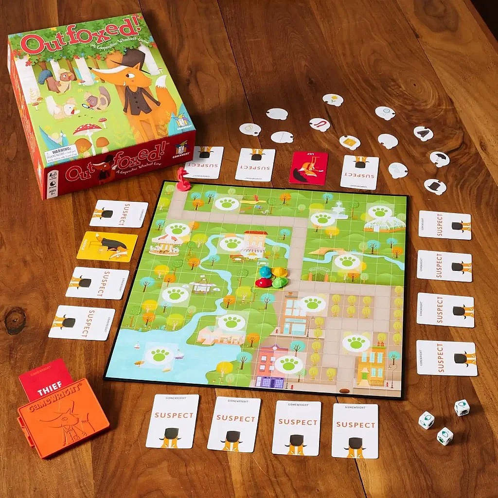 Outfoxed! board game rules, setup, table, cards, tokens, game box, board game, kids board game, suspect cards, gameplay
