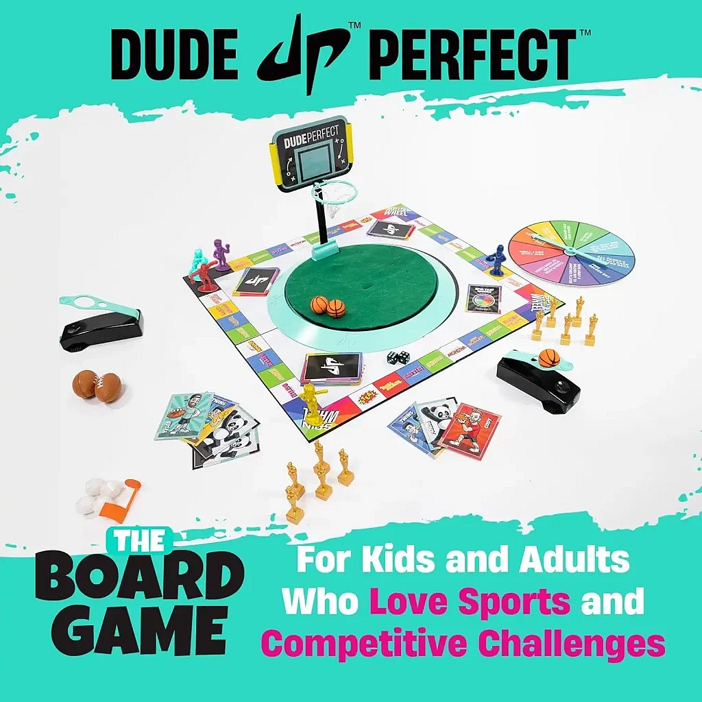 Dude Perfect: The Board Game promotional poster showing the board game components, cards, tokens, spinner, hoop, and more