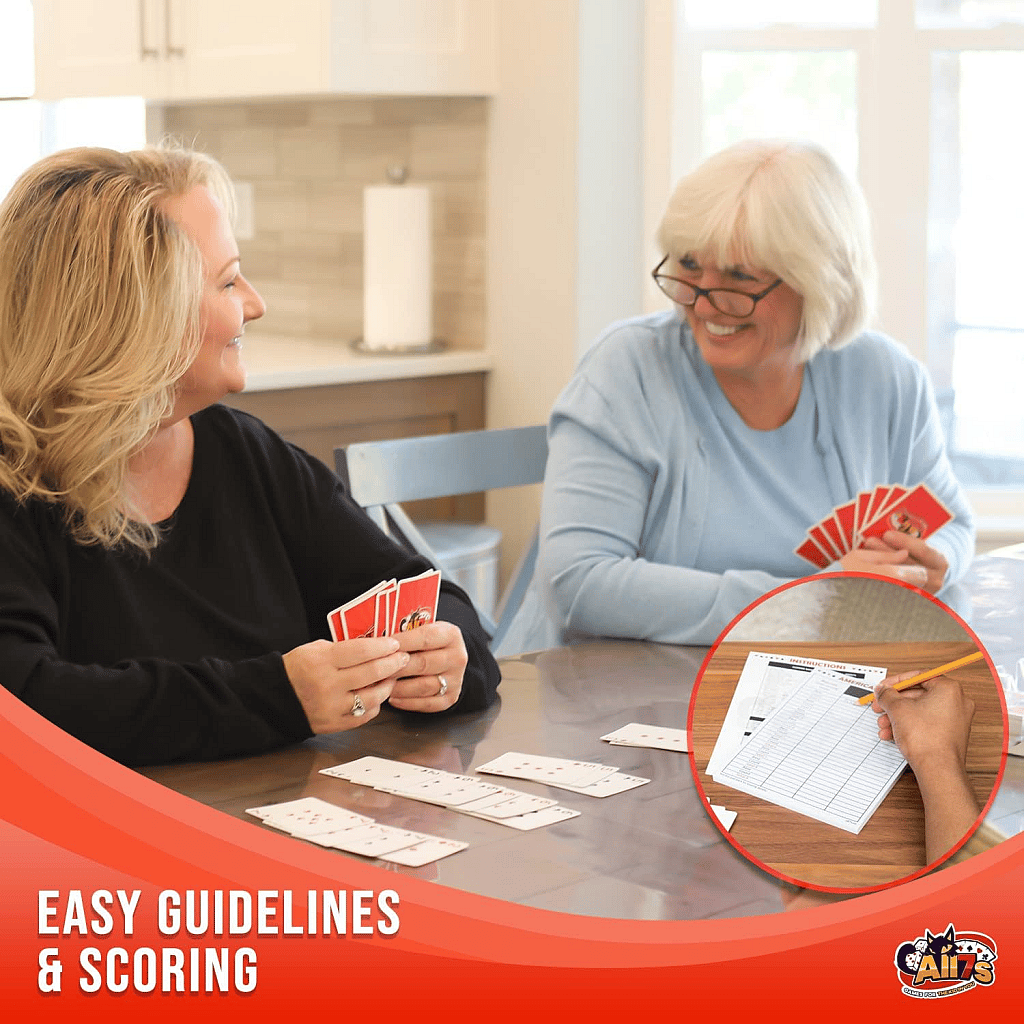 Two women smiling and playing canasta card game at a kitchen table, with score sheets and playing cards visible, and an inset showing a close-up of someone writing on a score sheet. Text reads “Easy Guidelines & Scoring.”