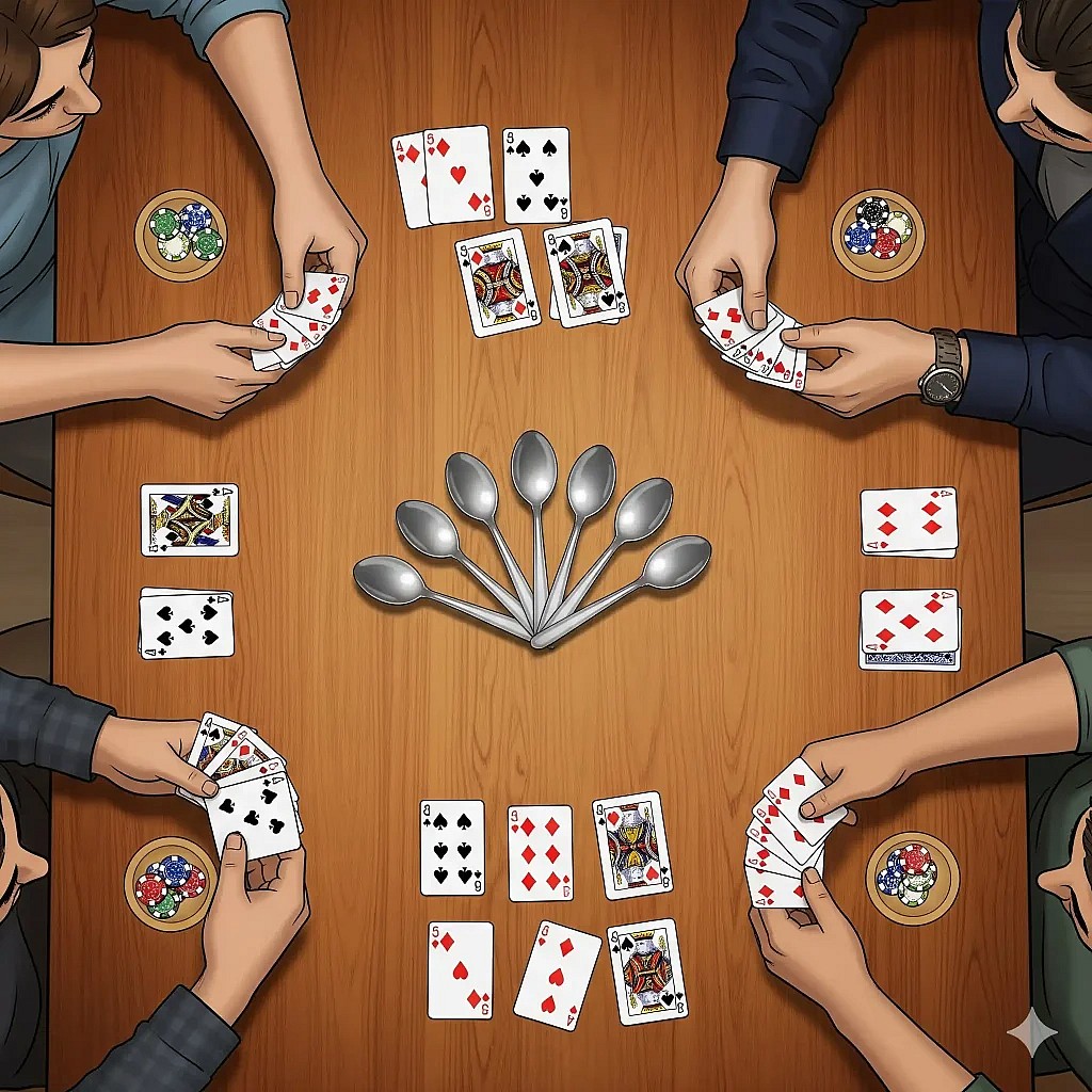 An overhead illustration shows four people seated around a wooden table, playing the card game Spoons. In the center of the table, seven silver spoons are fanned out in a circular arrangement. Each player has a hand of cards, and several cards are visible face-up on the table, indicating the progress of the game. Some players also have small bowls of poker chips next to them. The overall scene captures the typical setup and action of a Spoons game from an aerial perspective.
