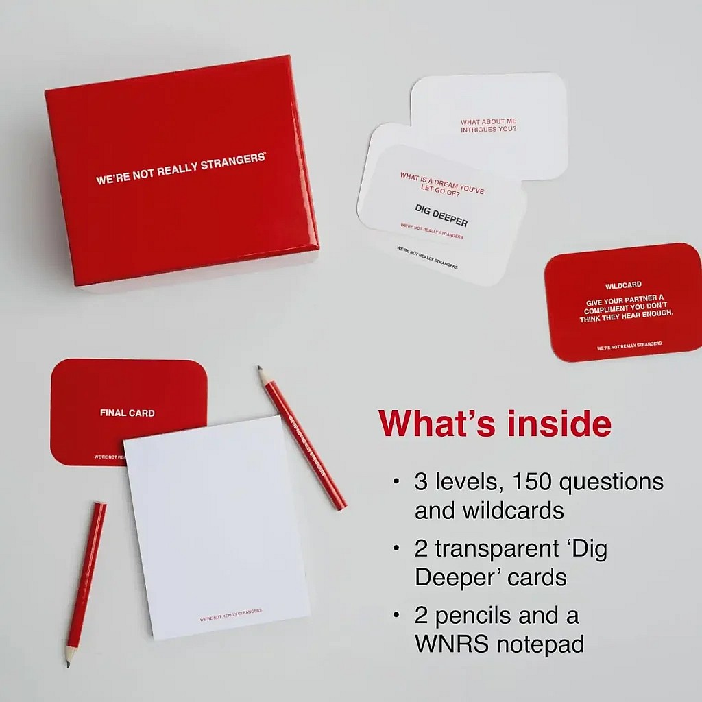 A top-down photograph displaying the contents of the card game We're Not Really Strangers. The primary components shown include a bright red box with the game's title, several white and red question and instruction cards spread out (including one labeled "DIG DEEPER" and another a "WILDCARD"), a small white notepad labeled "WNRS notepad," and two red pencils. Text overlaid on the bottom right of the image provides a list of contents under the heading "What's inside."