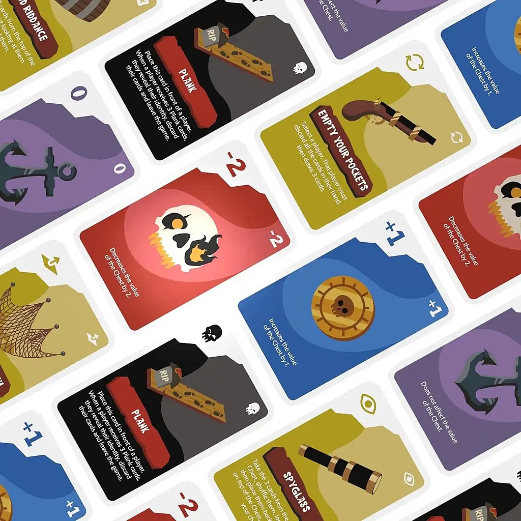 Pirates Aboard social deduction card game cards showing various actions and rules