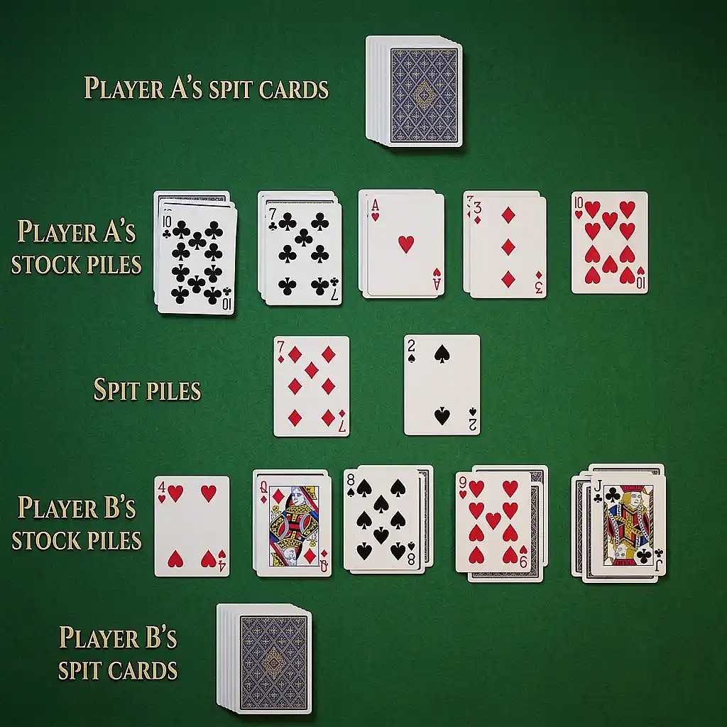 spit card game setup illustration showing how to setup the spit and stock piles to play a game