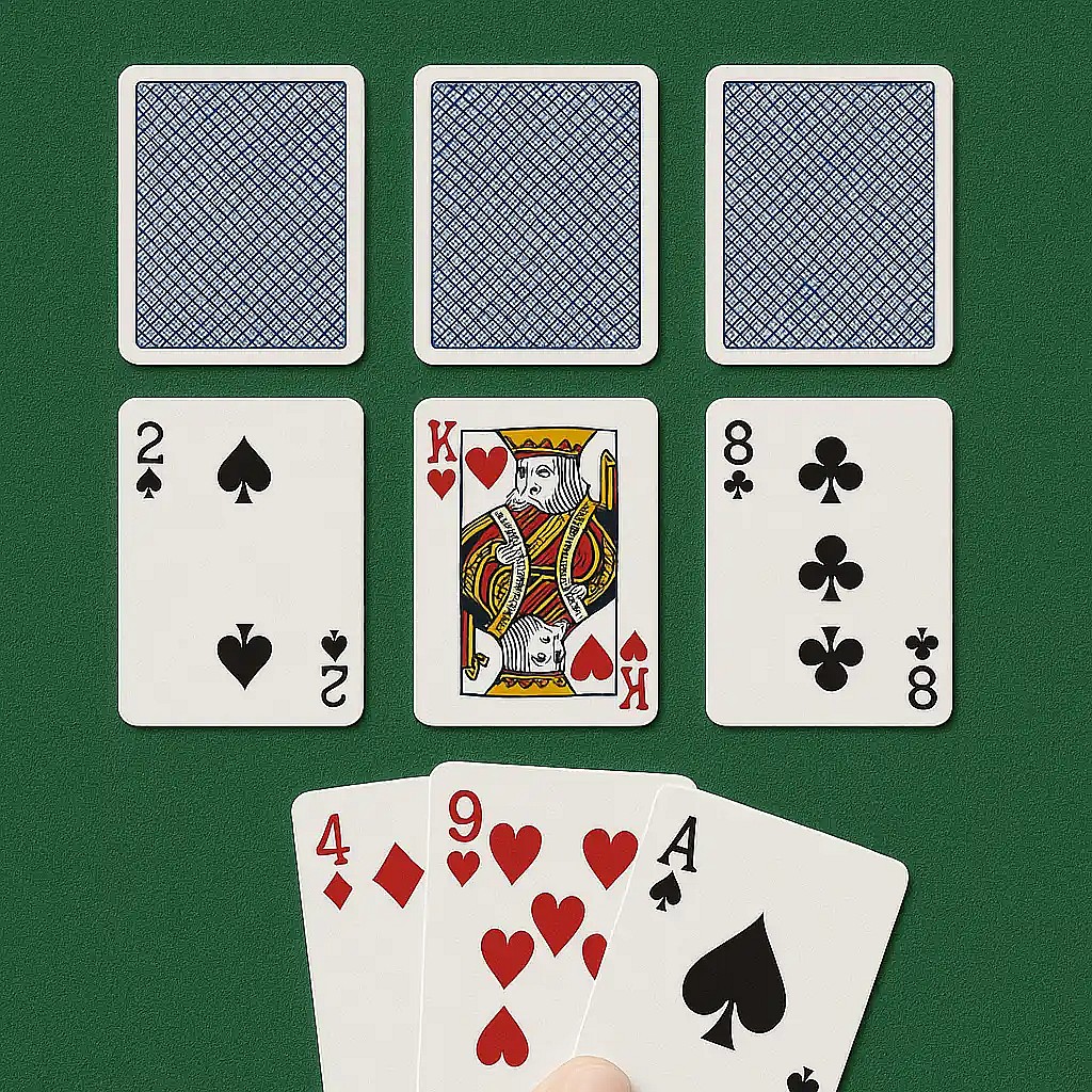 deck of cards setup to play 3 up 3 down card game with a regular plain deck of playing cards.