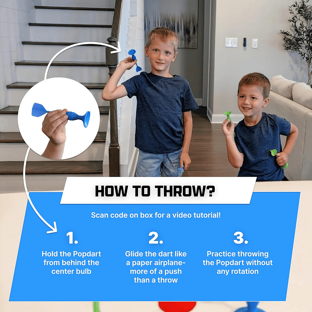 Popdarts how to throw rules illustration, photo of two young boys throwing popdarts