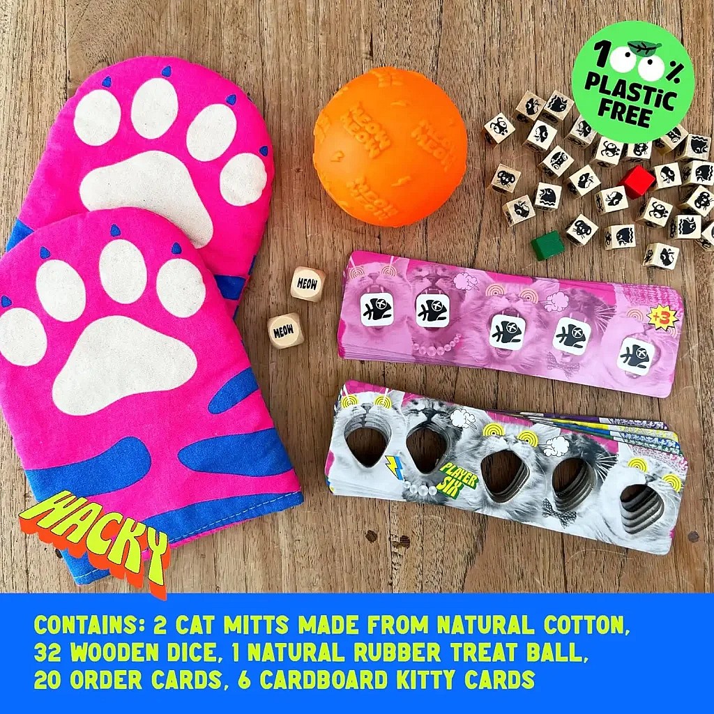 Componetns of the cat mitt game including cat mitts, wooden dice, game ball, and game boards