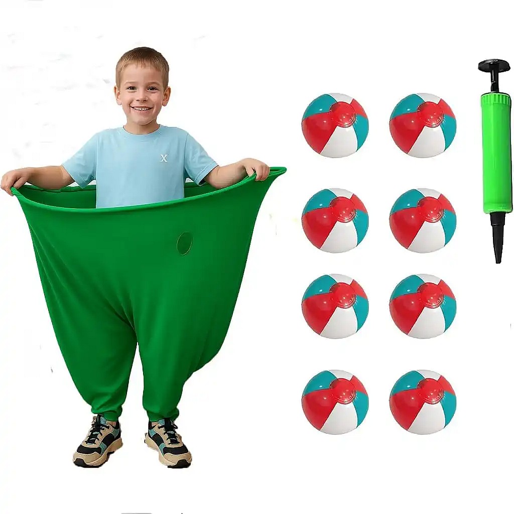 Granny Pants Yard Game – Oversized Stretchy Pants Relay Set with 8 Bouncy Balls, Air Pump, Hilarious Backyard Party Game for Adults & Family.