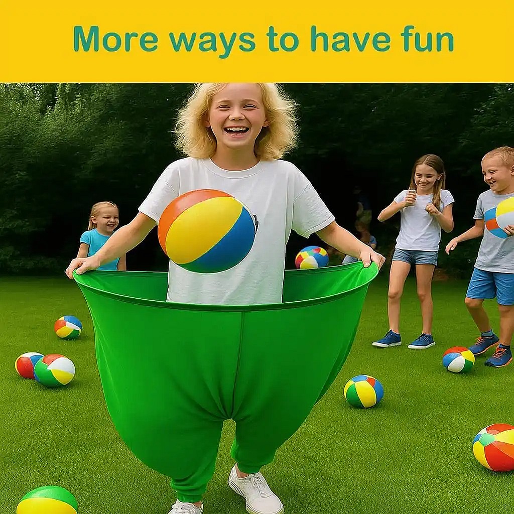 young kids playing granny pants yard game with fun multi-colored balls on grass outdoors.