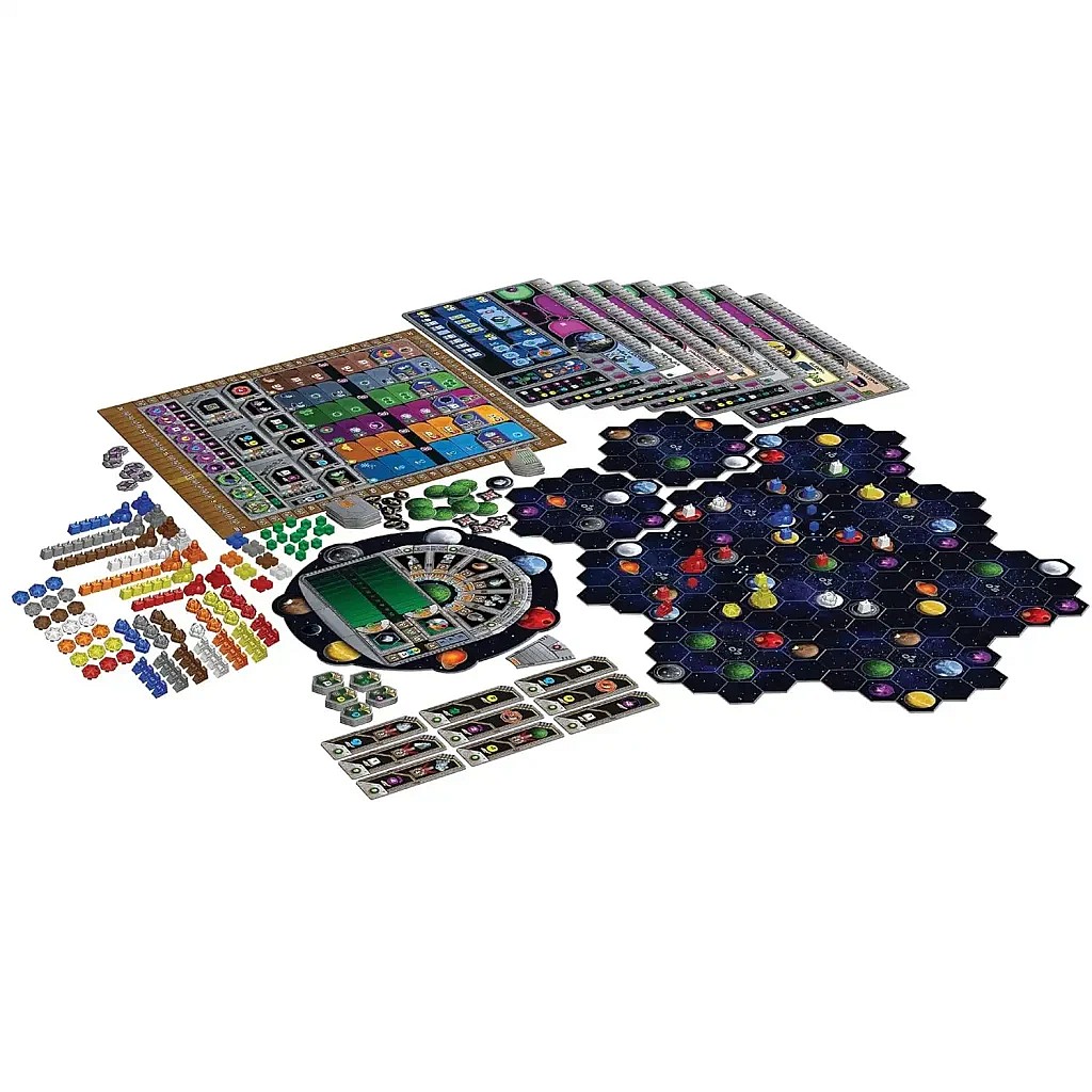 A top-down photograph showing the components of the Gaia Project board game laid out against a white background, including multiple player boards, numerous colorful wooden and cardboard tokens, the hexagonal star map tiles, and the round scoring and research board.