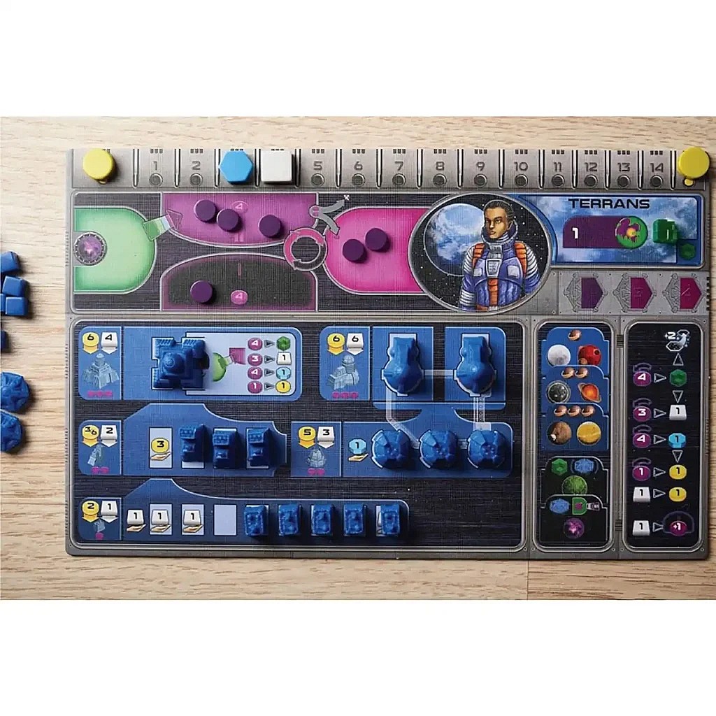A close-up, top-down image of the Gaia Project player board for the Terrans faction, displaying the various tracks, resource areas, and component slots, with a few purple and blue components placed on the board.