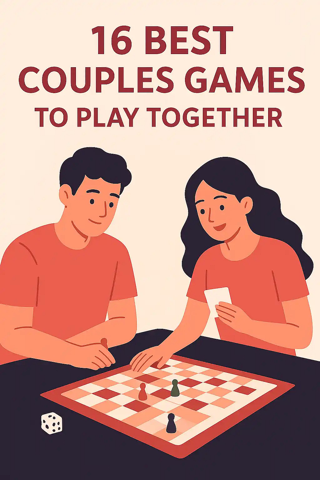 Illustration showing a couple playing board and card games titled 16 best couples games to play together