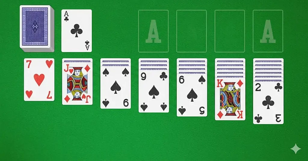 illustration showing the starting setup for a classic game of solitaire, with a green felt background and stock piles, cards, and hand