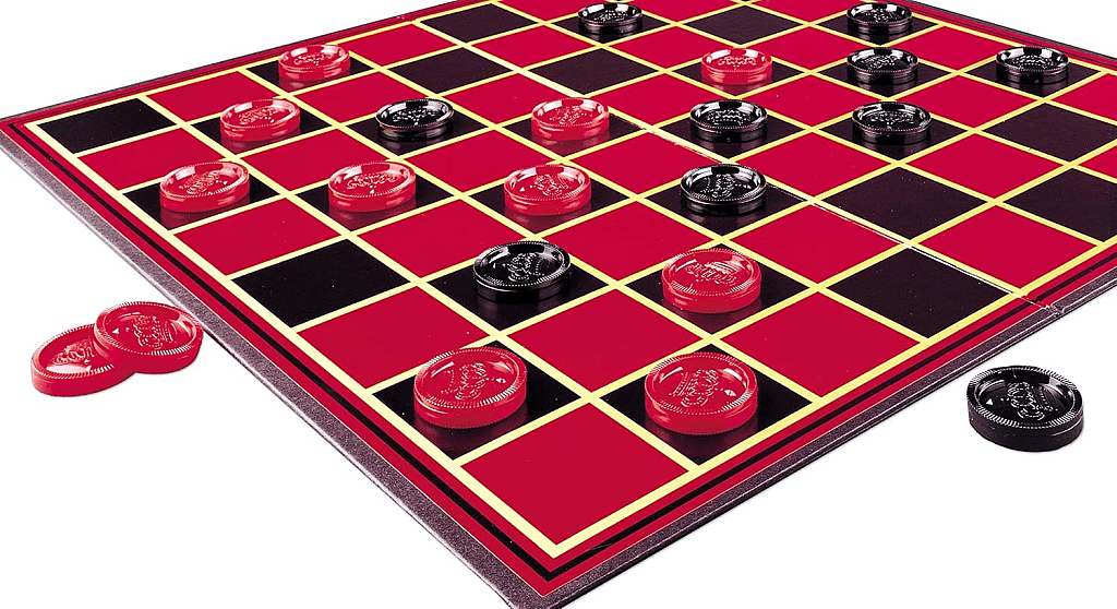 Checkers black and red game pieces and board with a white background