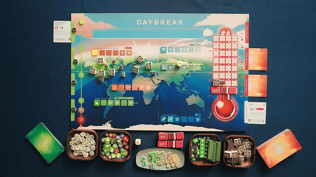 Daybreak game board setup and rules, tokens, dice, cards, and gameplay