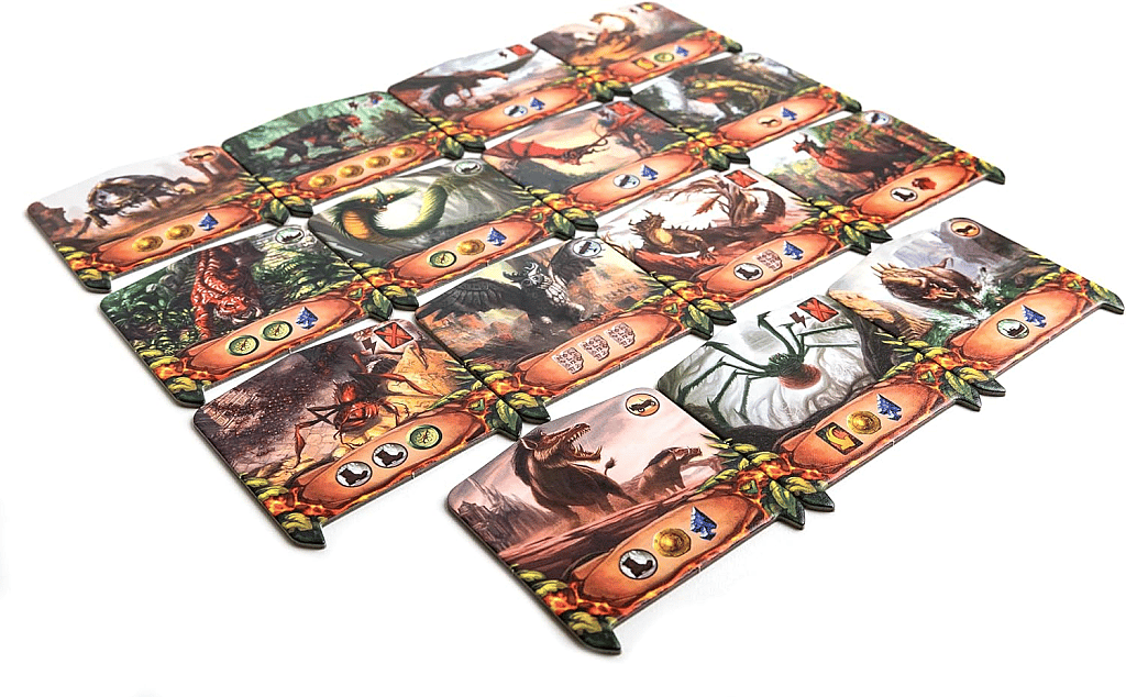The image shows a fan-like arrangement of twelve cardboard Guardian Tiles from the board game Lost Ruins of Arnak.
Each tile is rectangular with pointed, claw-like edges on the long sides and features unique artwork of a dangerous creature, monster, or mythological beast from the island, such as a giant spider, various dinosaurs, winged reptiles, and jungle predators.
The bottom edge of each tile displays the resources required to defeat the guardian (e.g., Tablets, Arrowheads, Jewels) and the Victory Point (VP) value or bonus a player receives upon its defeat.