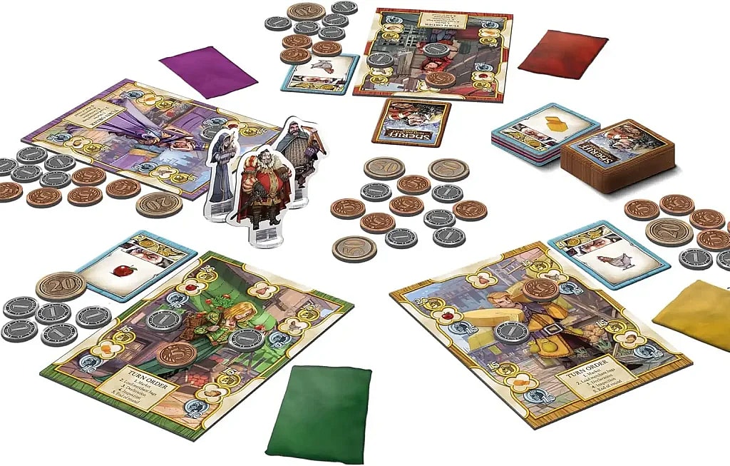 Sheriff of Nottingham game components including game board, tokens, coins, characters, cards, and bags