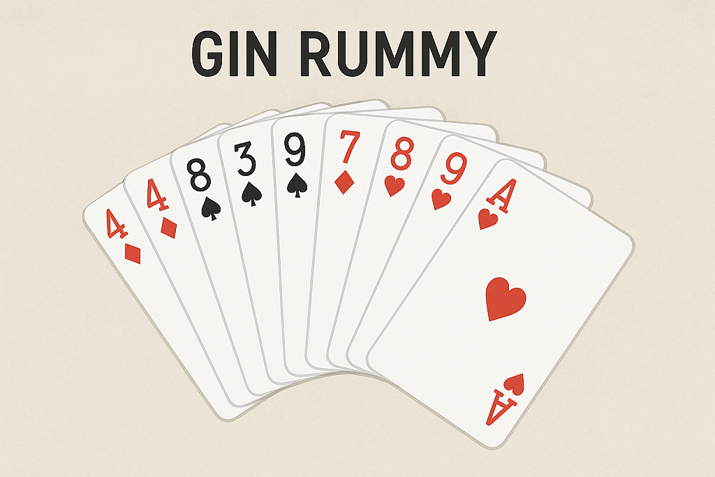 A fan of eight playing cards is displayed against a plain background under the title "GIN RUMMY." The visible cards, fanned from left to right, are: 4 of Diamonds, 8 of Spades, 3 of Spades, 9 of Spades, 7 of Diamonds, 8 of Hearts, 9 of Hearts, and Ace of Hearts (showing the full card face).
