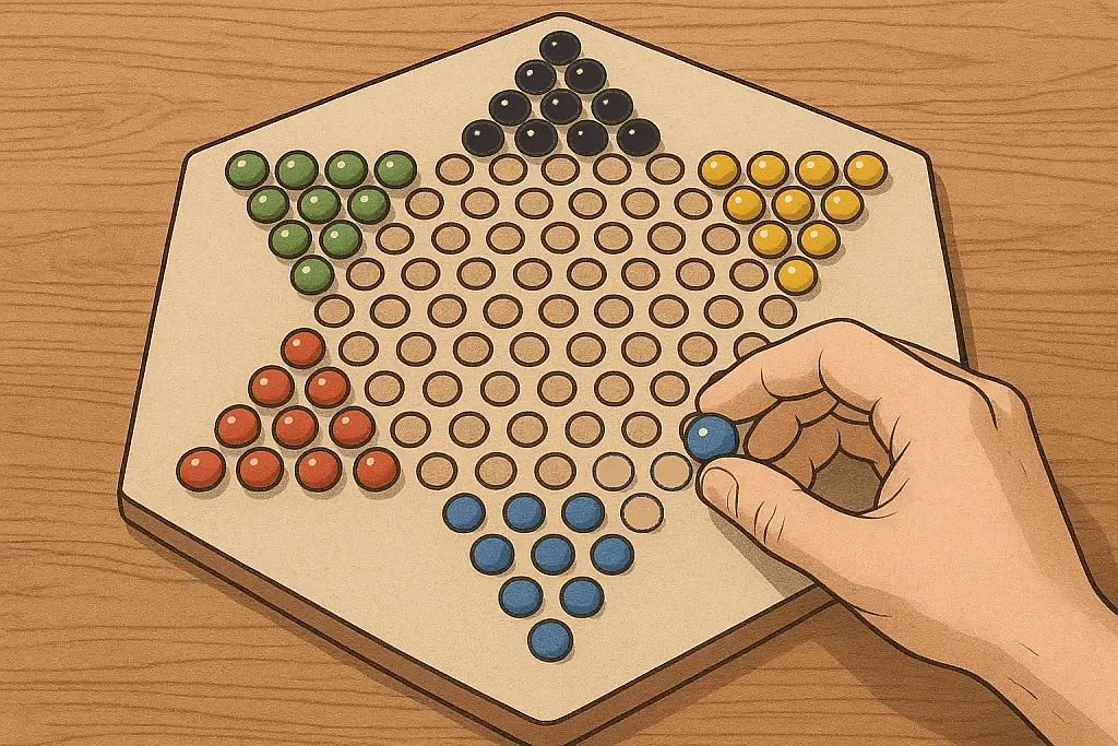 Illustration showing a game of chinese checkers, board, marbles, and hand moving one piece and starting the game