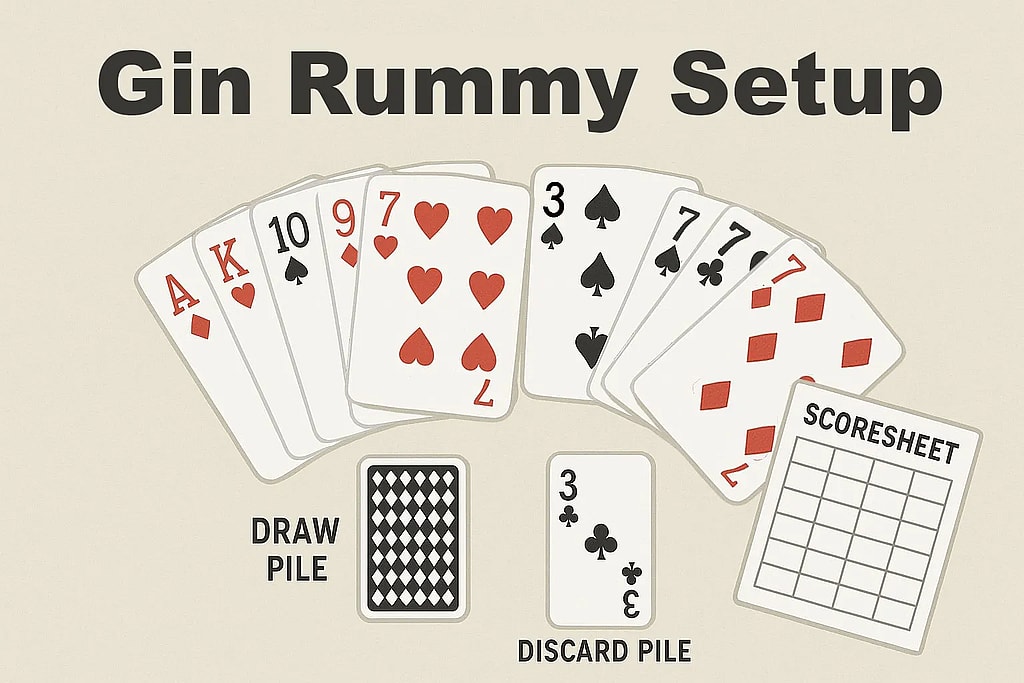 The image is a diagram showing the setup for a game of Gin Rummy. The title "Gin Rummy Setup" is at the top.
The image displays the following elements:
A hand of cards: A hand of 10 cards is fanned out in the upper-left, showing the Ace and King of Spades, 10 of Hearts, 9 of Diamonds, 7 of Hearts, 3 of Spades, 7 of Clubs, and two 7 of Diamonds.
Draw Pile: Below the hand of cards, a face-down deck of cards is labeled "DRAW PILE."
Discard Pile: To the right of the draw pile, a single face-up card, the 3 of Clubs, is labeled "DISCARD PILE."
Scoresheet: To the right of the discard pile, a grid-like sheet with rows and columns is labeled "SCORESHEET."