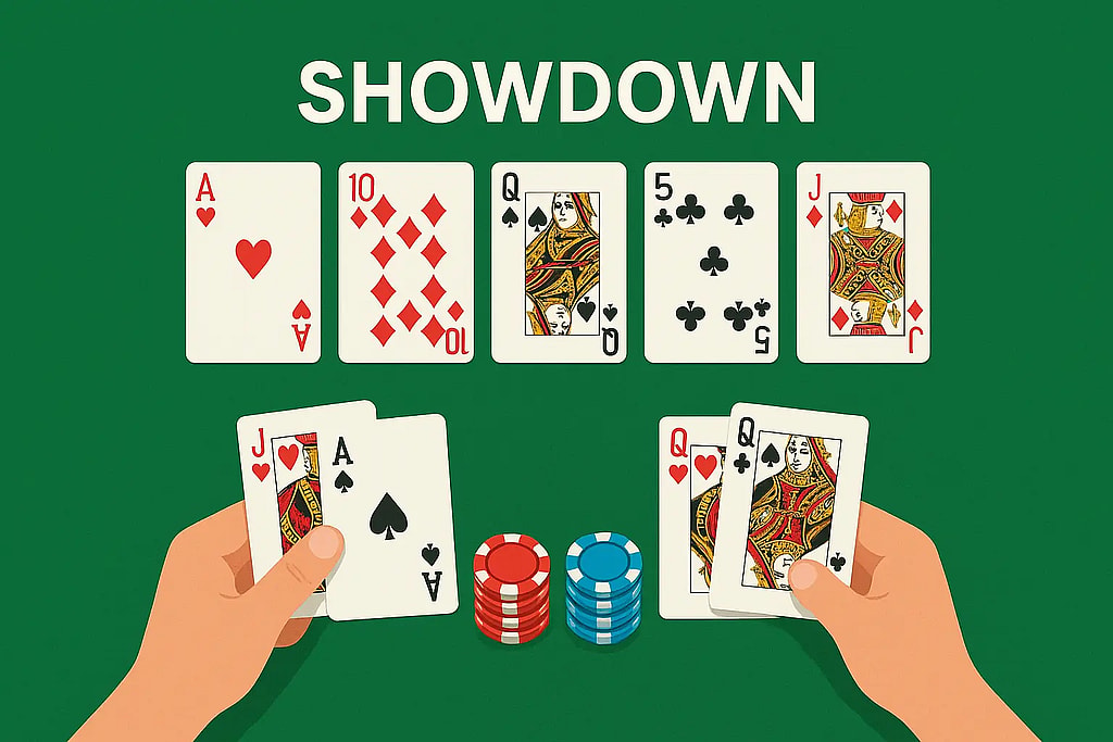 Illustration showing the showdown in a hand of poker. Five community cards on the table and 2 players hand revealed, one player has 3 of a kind and one player has two pair.