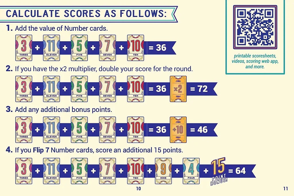 Flip 7 card game score calculation rule sheet illustration