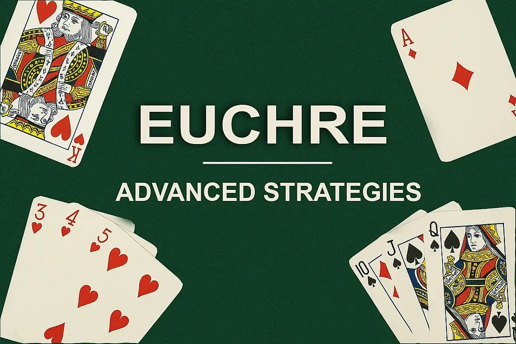 Euchre card game advanced strategy title on a green felt background with playing cards surrounding it