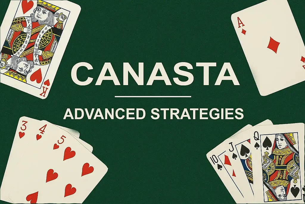 Canasta Card Game Advanced Strategy title card with green felt background and an assortment of cards surrounding it.
