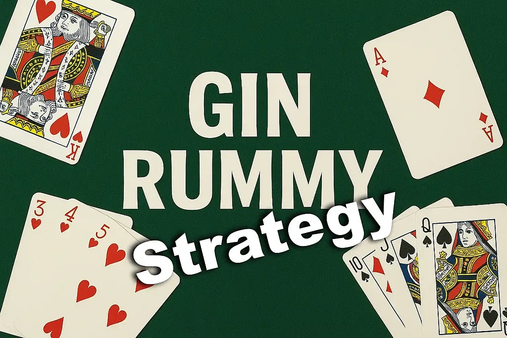 Gin Rummy Strategy headline text, green felt background, various playing cards surrounding it