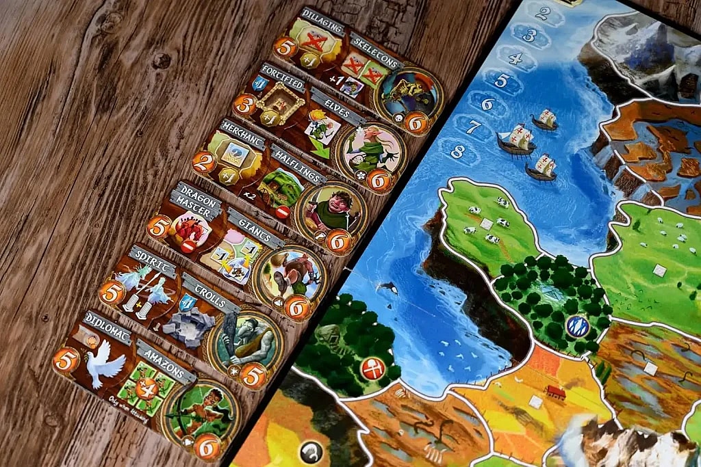 A pair of images side-by-side, with the left image being a close-up of the Small World board game's Race and Special Power combos laid out on a wooden table next to the game map's coast and turn track, and the right image being a full shot of the Aeon's End (Second Edition) board game box cover, featuring a large, demonic red nemesis battling a group of mages.