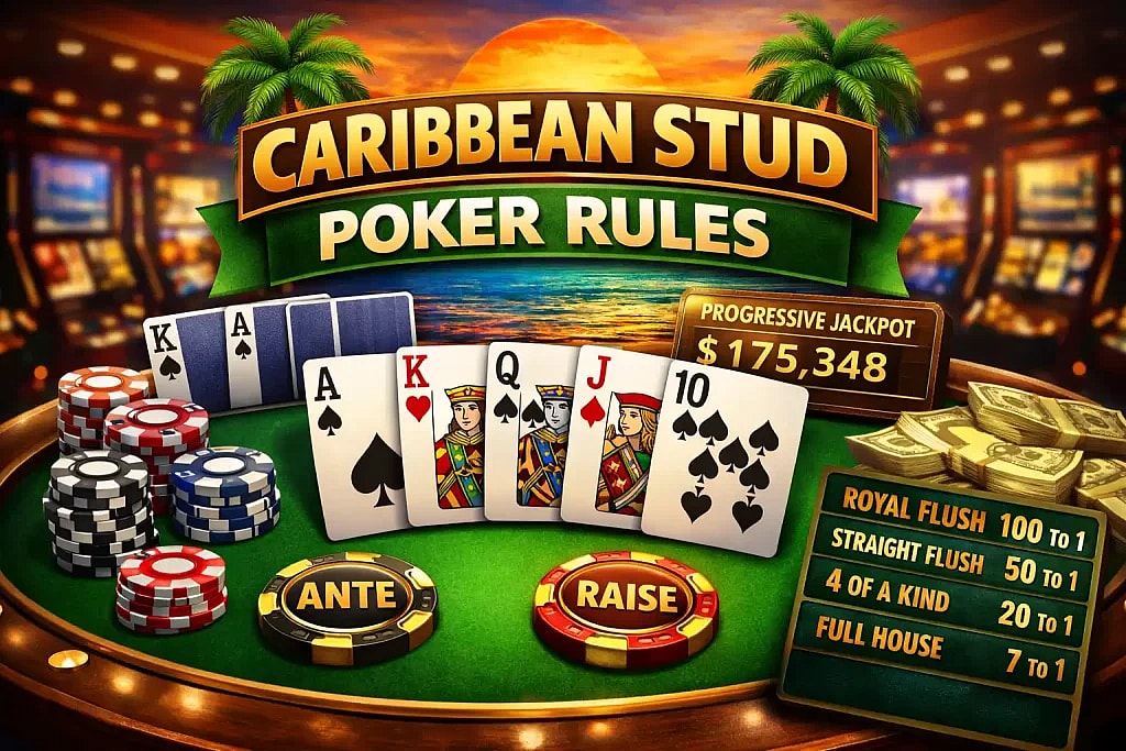 A banner showcasing Caribbean Stud Poker rules featuring a royal flush hand, casino chips, a progressive jackpot counter, and a tropical sunset background.