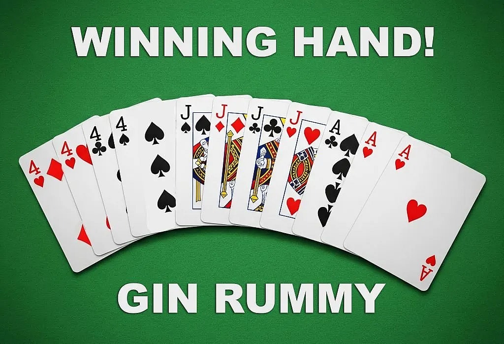 The image is an illustration of a winning Gin Rummy hand laid out on a green felt surface. The text "WINNING HAND!" is at the top, and "GIN RUMMY" is at the bottom.
A fan of ten playing cards is spread out in the center, showing three distinct sets:
A set of four cards: The Jack of Hearts, Jack of Spades, Jack of Diamonds, and Jack of Clubs.
A set of three cards: The 4 of Diamonds, 4 of Spades, and 4 of Hearts.
A set of three cards: The Ace of Hearts, Ace of Spades, and Ace of Diamonds.
The cards are arranged in a way that highlights these groupings, consistent with a winning hand in Gin Rummy.