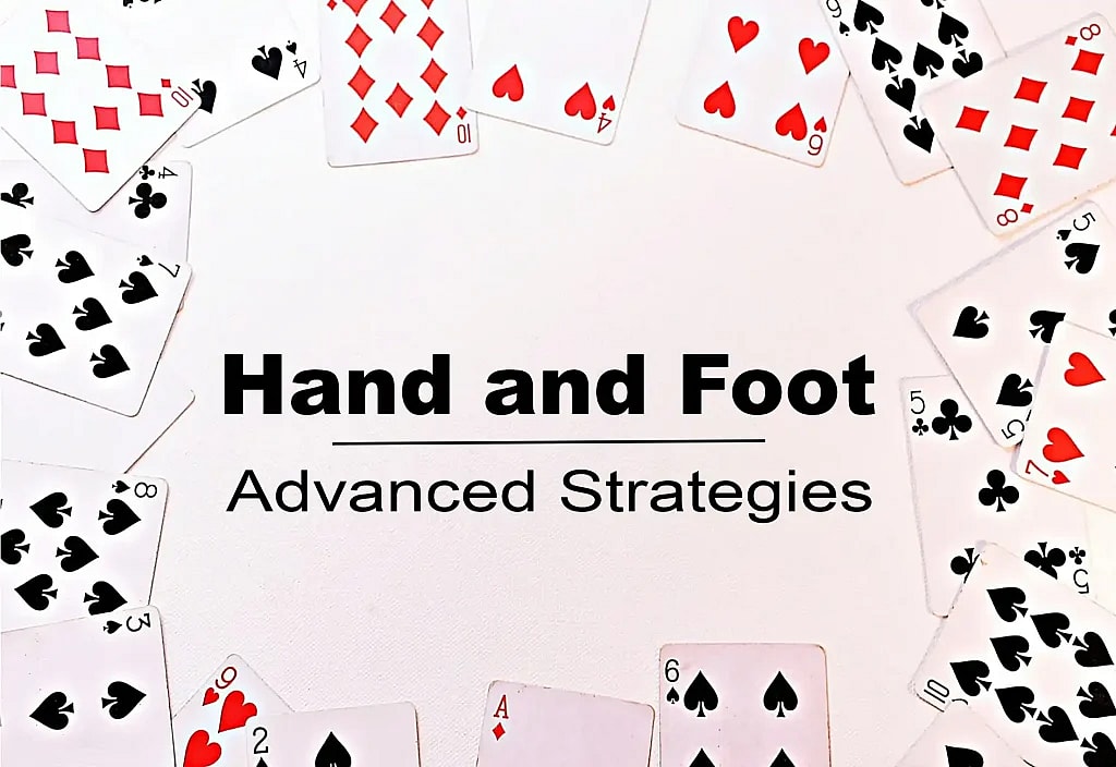 A circle of dispersed playing cards on a white surface, perfect for games and gambling themes. text in the center spelling hand and foot