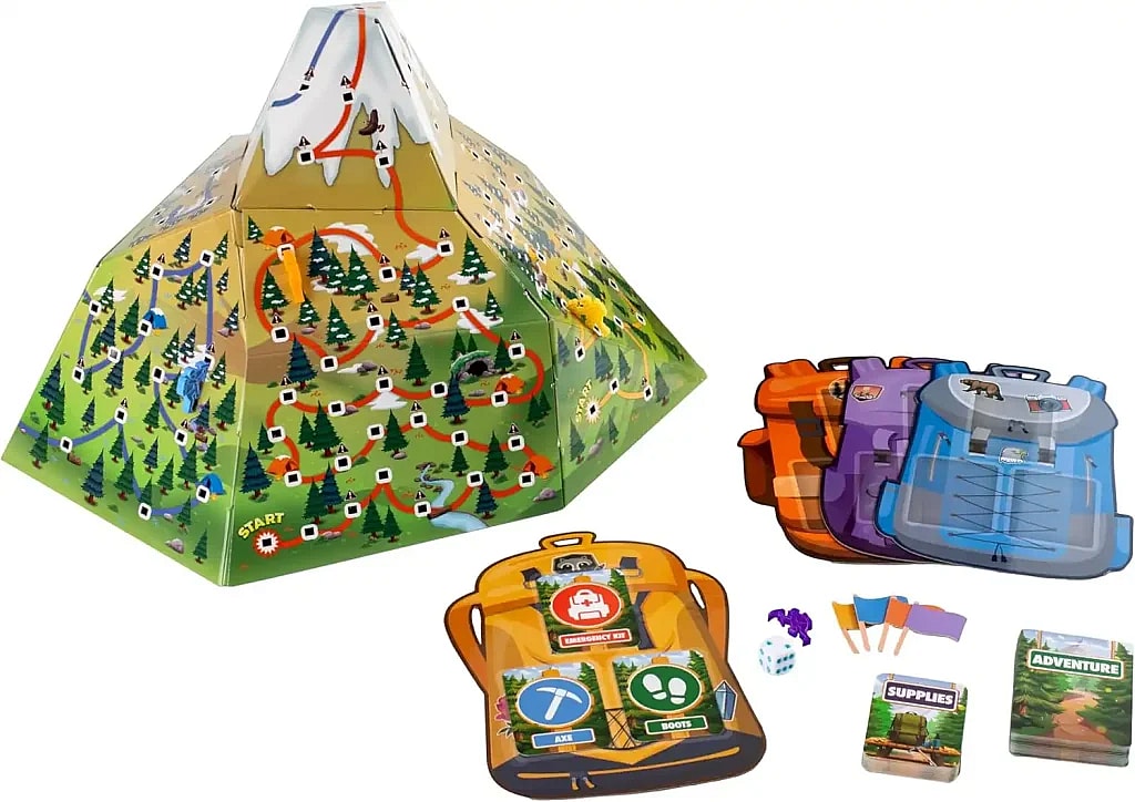 Summit Or Plummet game components including 3d game mountain, backpack boards, and game cards