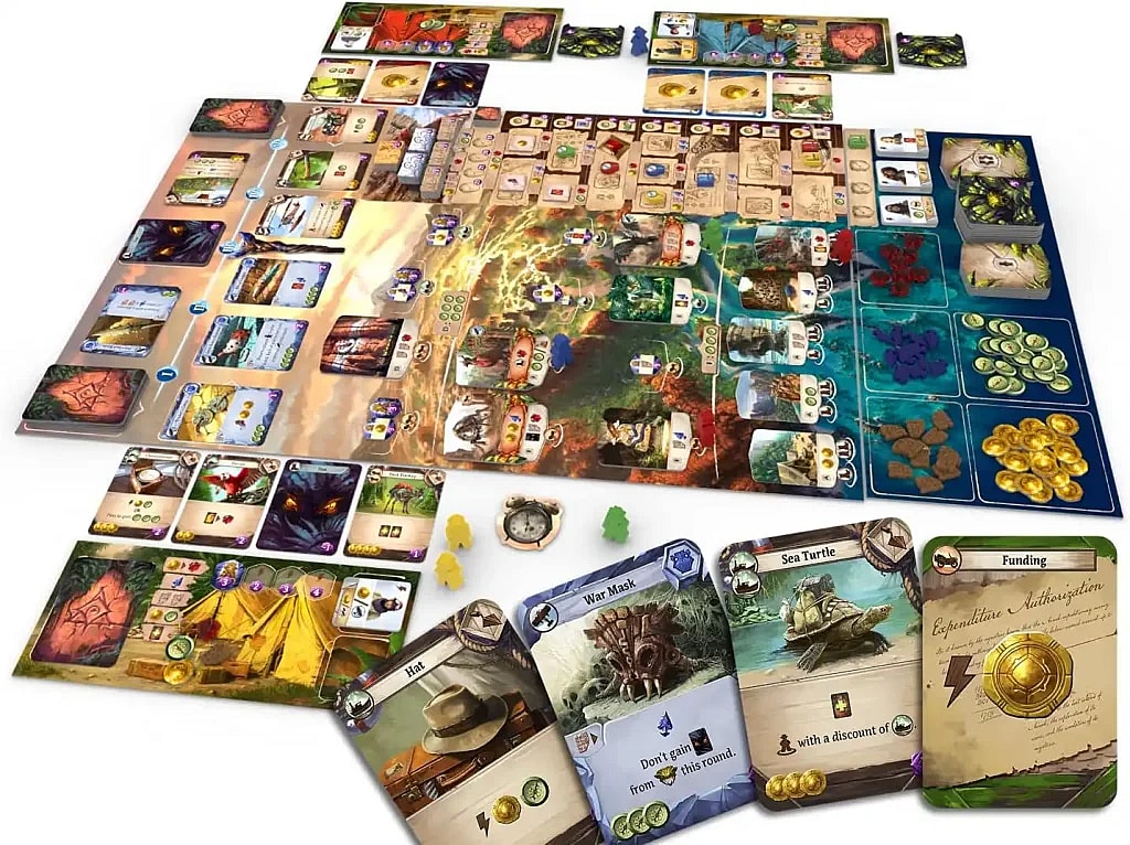 The image displays a complete setup of the board game Lost Ruins of Arnak, showing all its components laid out on a table.
The components visible include:
Main Board: A large, central board depicting a jungle landscape, divided into various action spaces and discovery locations.
Player Boards: Individual player mats for tracking resources, research, and actions.
Cards: Multiple decks of cards, including Item cards, Artifact cards, Fear cards, and starting deck cards.
Resource Tokens: Piles of cardboard tokens representing resources like Coins (gold), Compass/Explore tokens (brown), and possibly Arrowheads (red/maroon).
Tiles/Tokens: Various small cardboard tokens for Guardian/Monster effects, idols, and site discoveries.
Wooden/Plastic Pieces: Small wooden or plastic meeples for researchers and possibly a round marker (the small alarm clock is likely the round counter).
This image illustrates the deck-building and worker placement mechanisms of the game, highlighting the various tracks, resources, and cards players will interact with during a game of Lost Ruins of Arnak.