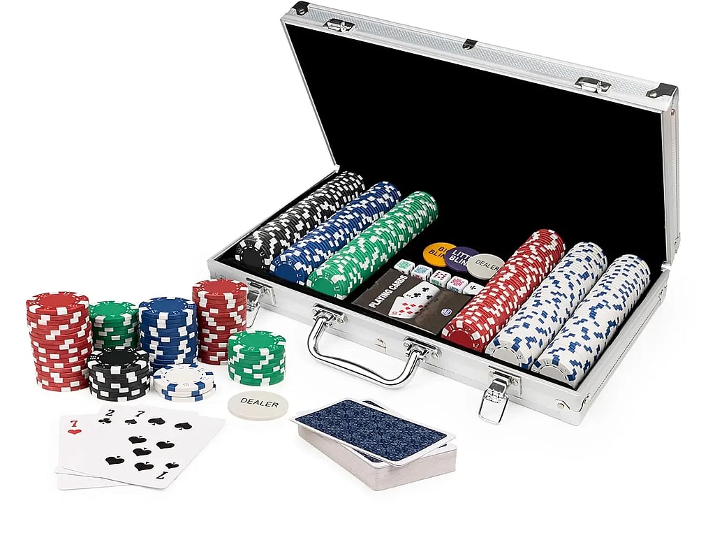 300-piece poker set showing open carrying box, multi-colored chips, cards, dice, and blinds