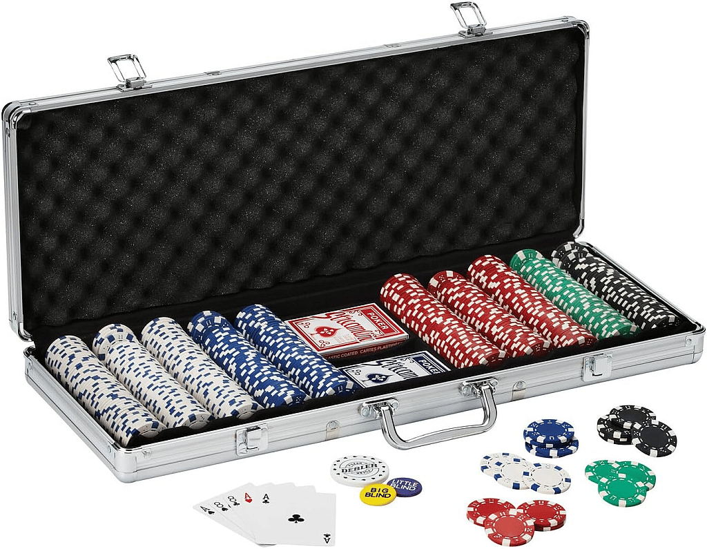 large 500 chip poker set in aluminum case with cards and dice.