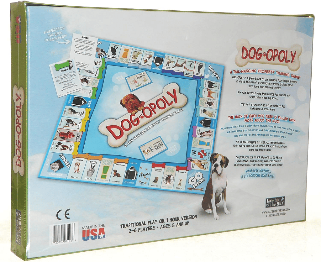 The back of the Dog-opoly board game box is displayed, featuring the game board layout and promotional text. The central panel shows the square game board, which replaces traditional Monopoly properties with dog breeds (like Beagle and Golden Retriever) and utilities with dog-related items (like Water Bowl and Fire Hydrant). Instead of houses and hotels, the game uses "Water Bowls" and "Fire Hydrants."
Text on the box reads, in part: "DOG-OPOLY: A tail-wagging property trading game," along with fun facts about dogs and the game's mechanics. The bottom indicates the game is for 2-6 players, ages 8 and up, and is a "TRADITIONAL PLAY or 1 HOUR VERSION." A small, friendly dog is pictured in the lower right corner.
