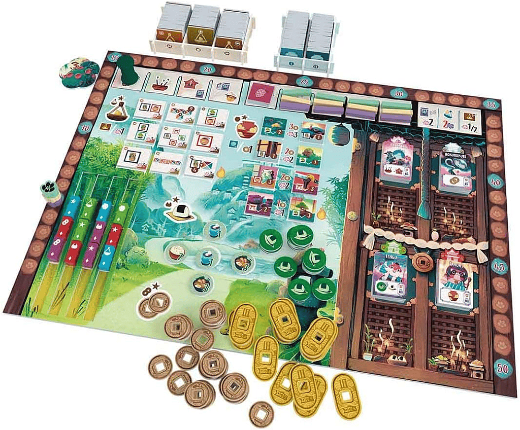 Bamboo board game setup with tokens, cards, game board, and characters