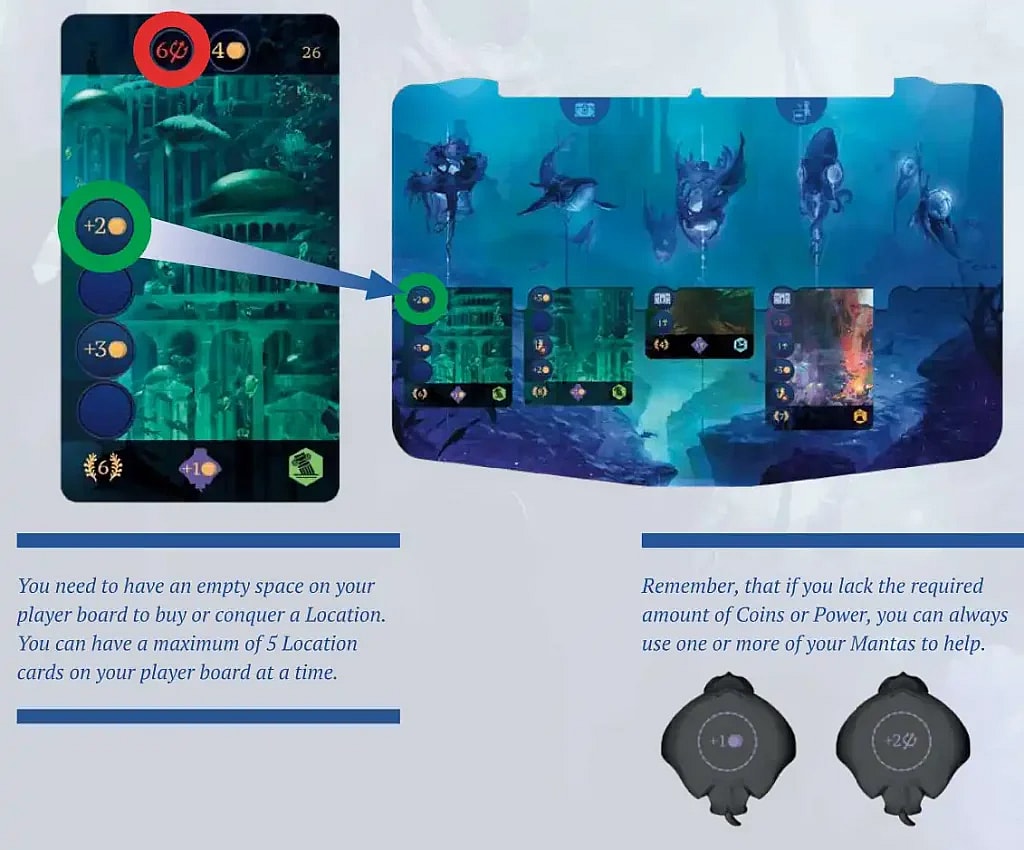 Rules illustration for the board game Aquatica about how to Conquer