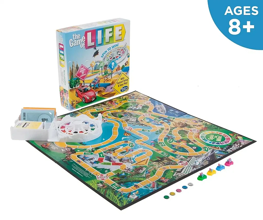 The game of life game box, game board, pieces, money, and tokens
