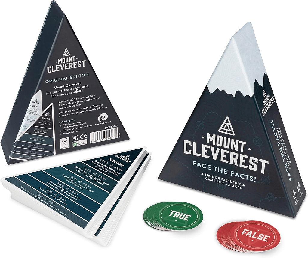 Mount cleverest card game box, question cards and true and false tokens