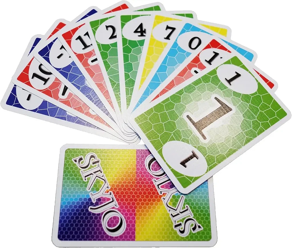 A hand of SKYJO cards fanned out demonstrating a typical hand in the card game SKYJO.