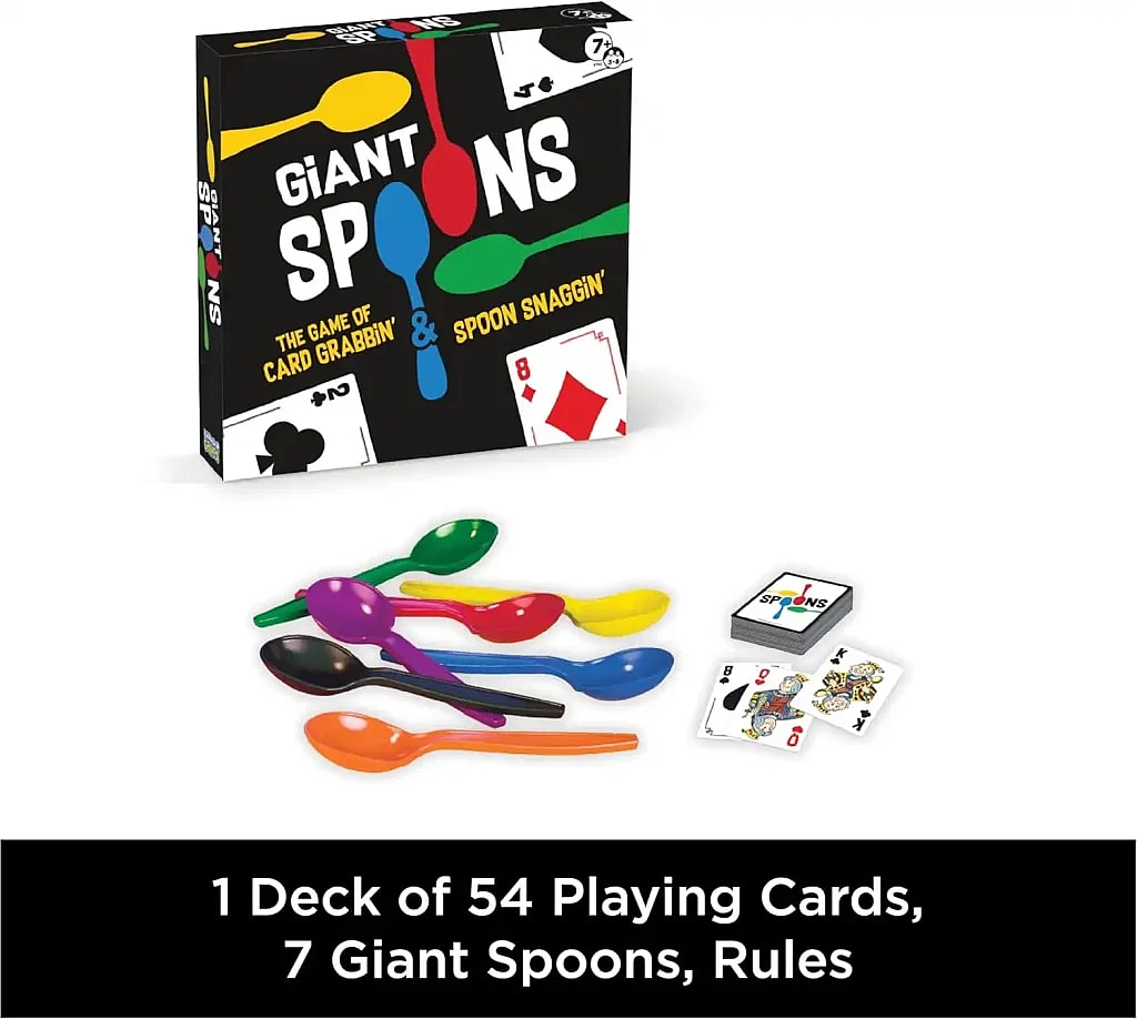 Giant Spoons game components including game box, multi-colored spoons, and cards